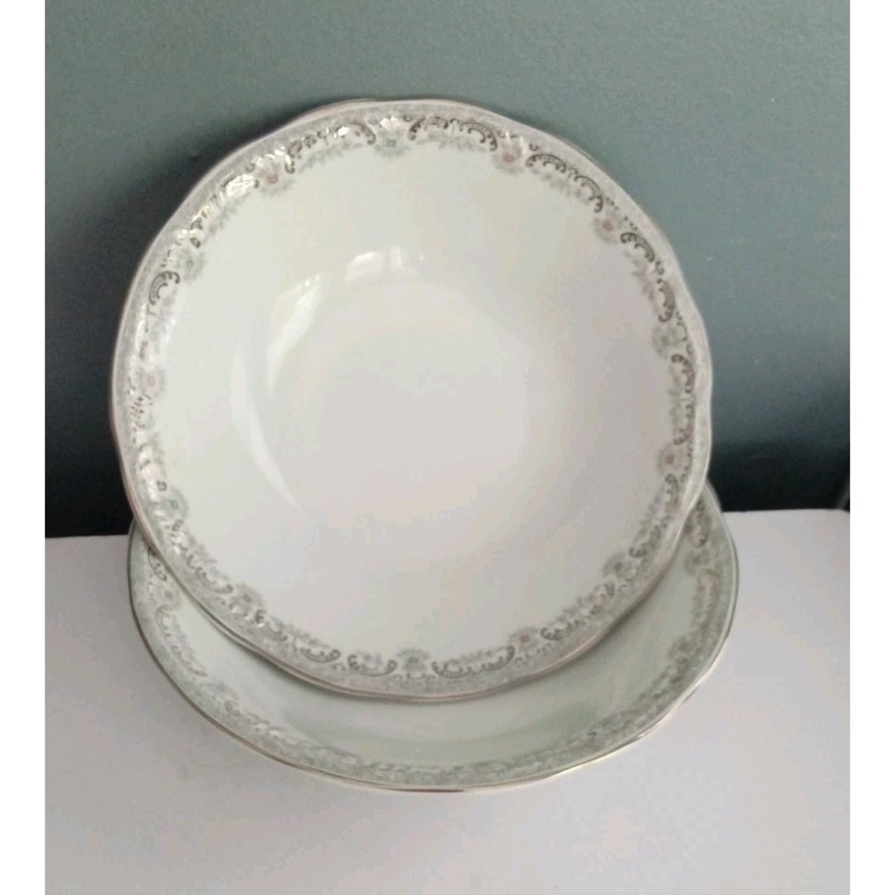 Vintage Soup Bowls Set, Elegant‎ Silver Rim, Fine China, Dinnerware